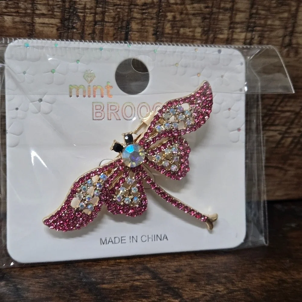 Pink, Mint Colorful Crystal Dragonfly Brooch